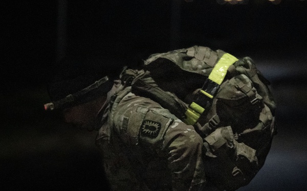 SPC Will Kavanaugh begins the 18.64 mile Norwegian foot march.