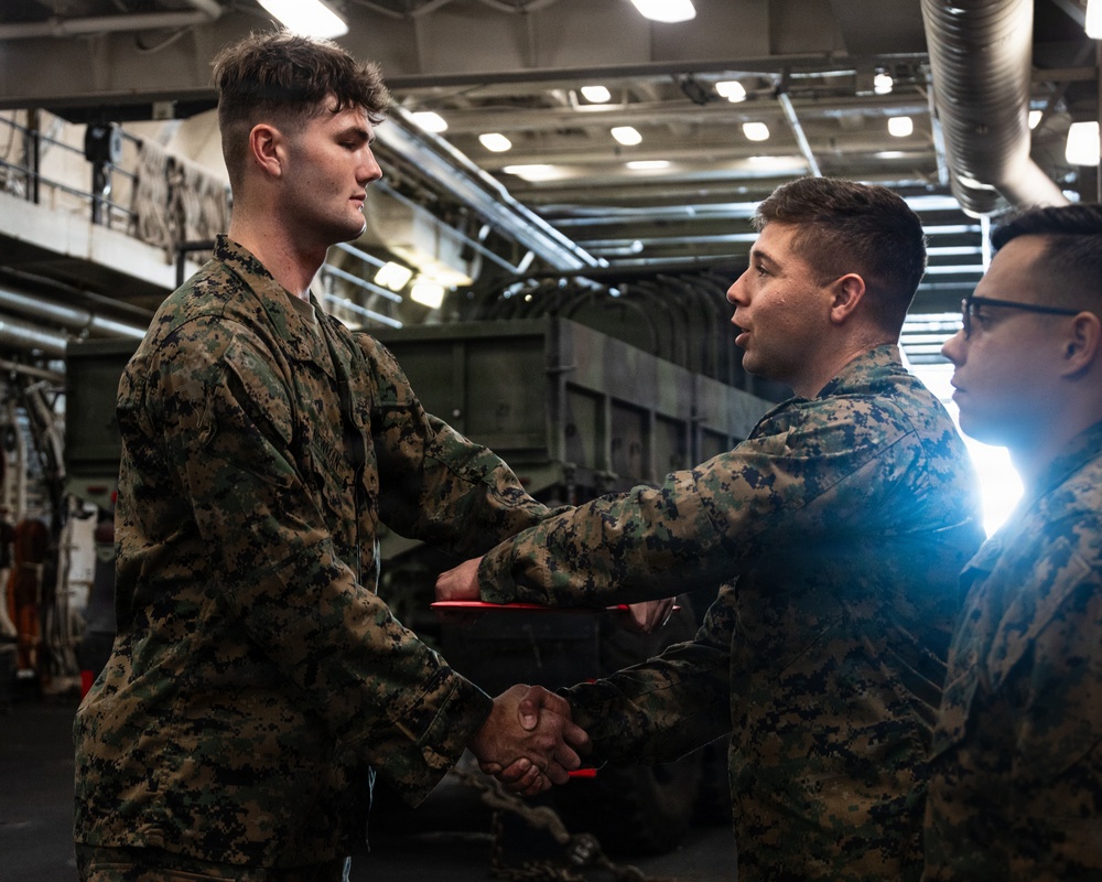 11th MEU Marine promotes to Lance Corporal aboard USS Portland