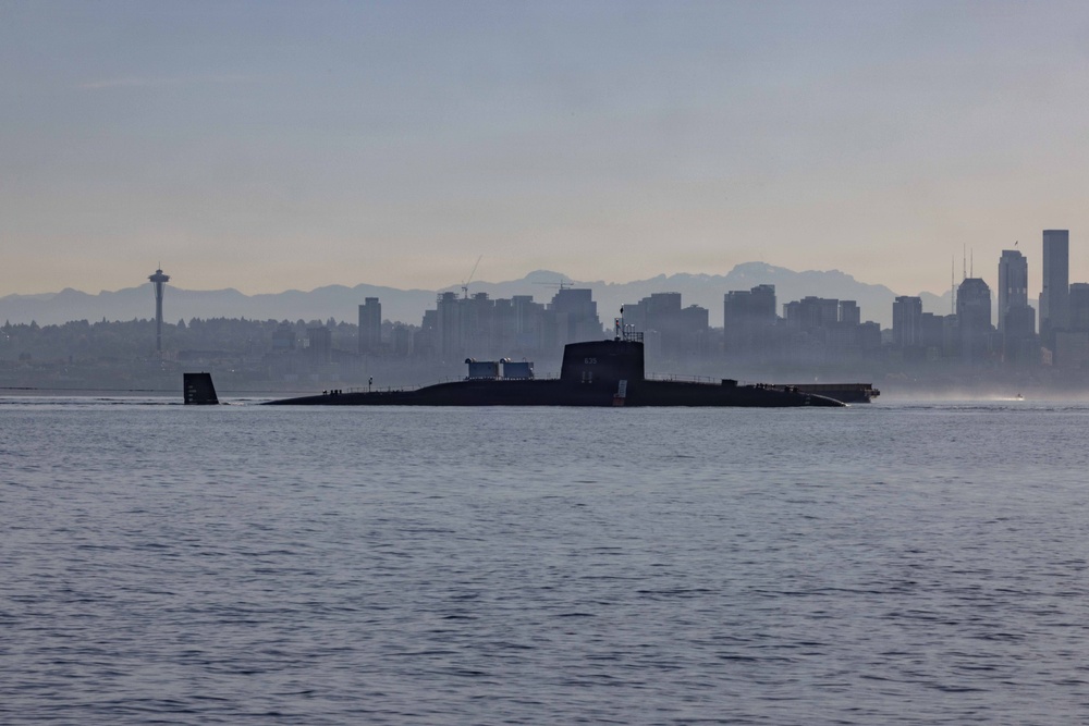 The former USS Sam Rayburn (SSBN 635), now MTS Rayburn, departs Seattle for the final time.