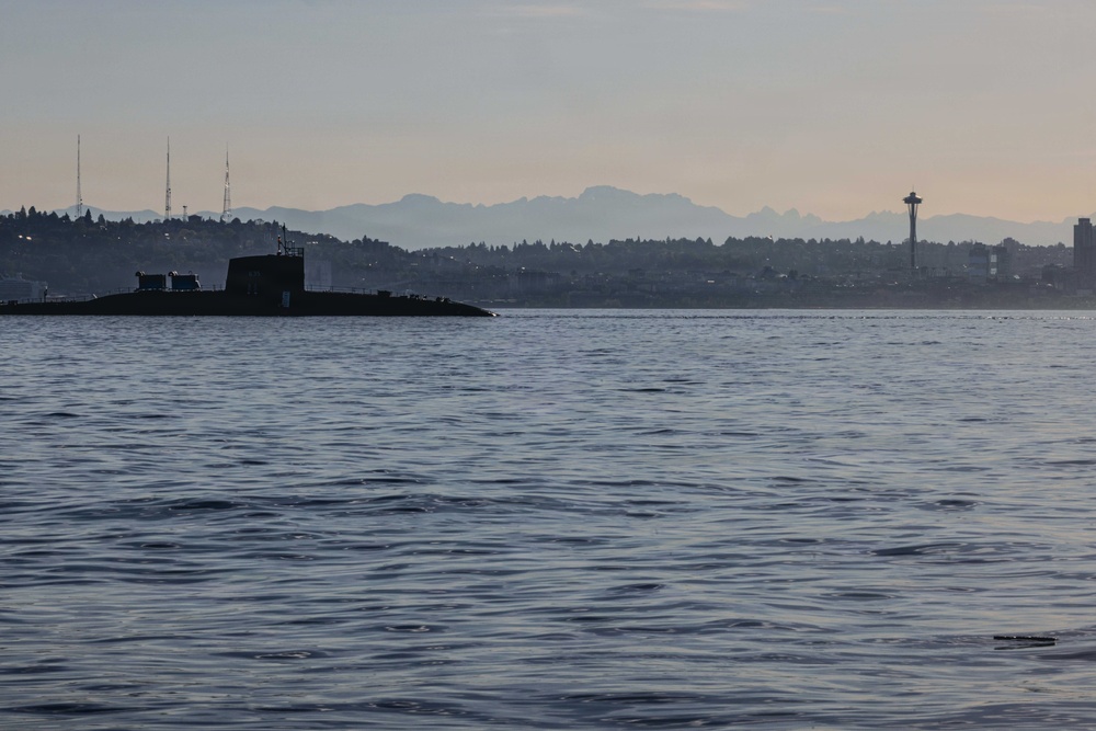 The former USS Sam Rayburn (SSBN 635), now MTS Rayburn, departs Seattle for the final time.