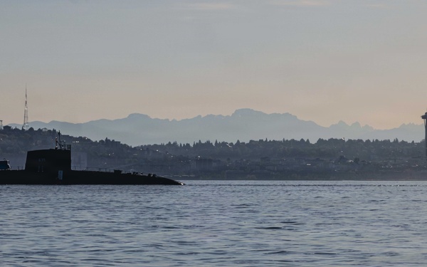 The former USS Sam Rayburn (SSBN 635), now MTS Rayburn, departs Seattle for the final time.