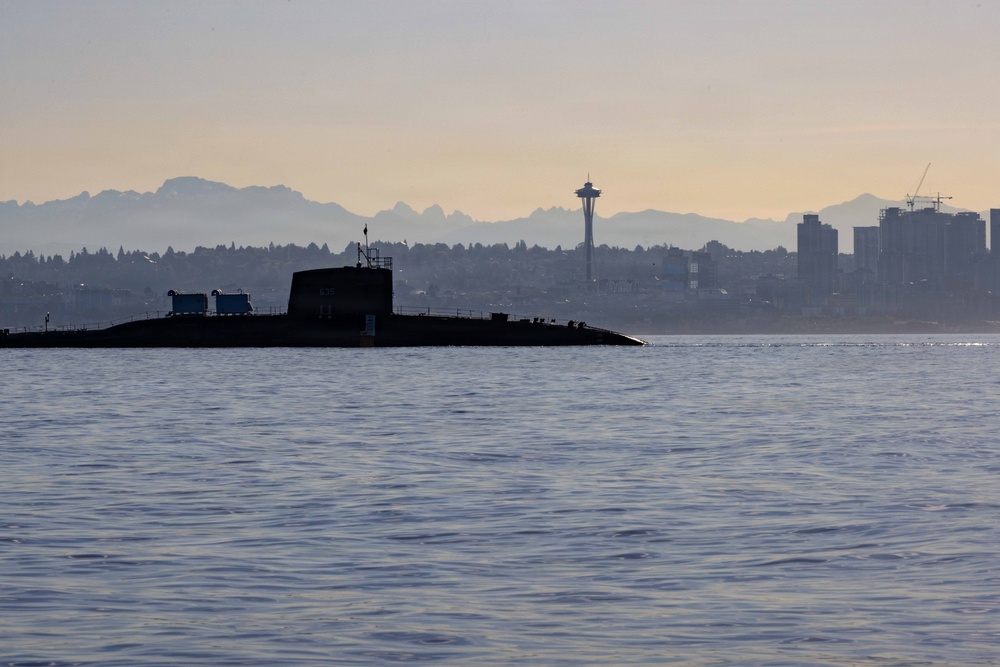 The former USS Sam Rayburn (SSBN 635), now MTS Rayburn, departs Seattle for the final time.