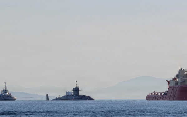 The former USS Sam Rayburn (SSBN 635), now MTS Rayburn, departs Seattle for the final time.