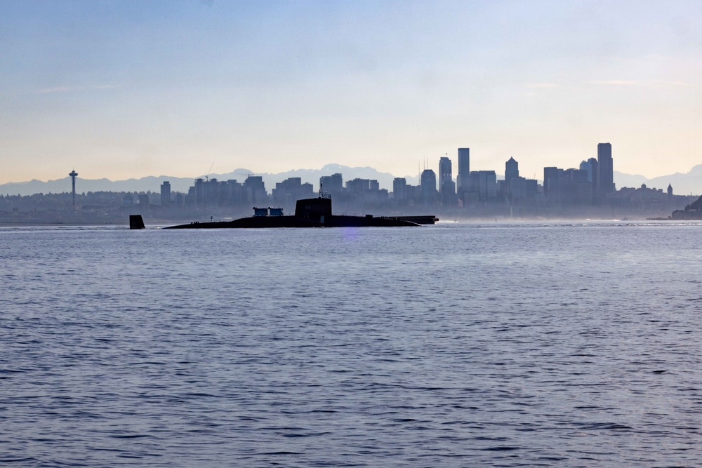 The former USS Sam Rayburn (SSBN 635), now MTS Rayburn, departs Seattle for the final time.