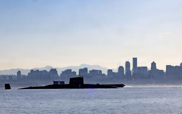 The former USS Sam Rayburn (SSBN 635), now MTS Rayburn, departs Seattle for the final time.
