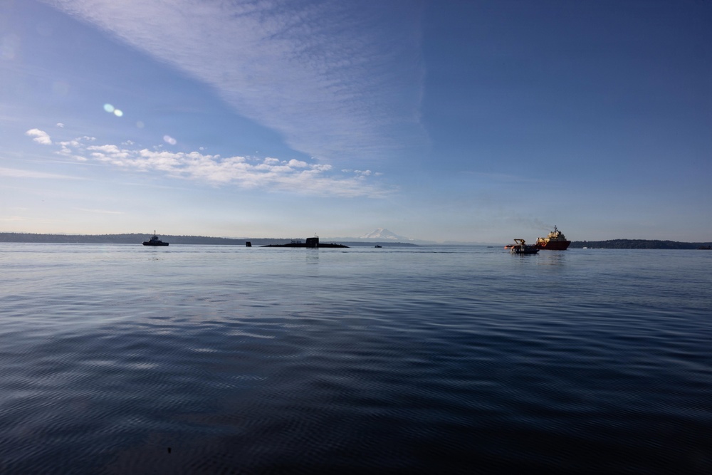 The former USS Sam Rayburn (SSBN 635), now MTS Rayburn, departs Seattle for the final time.