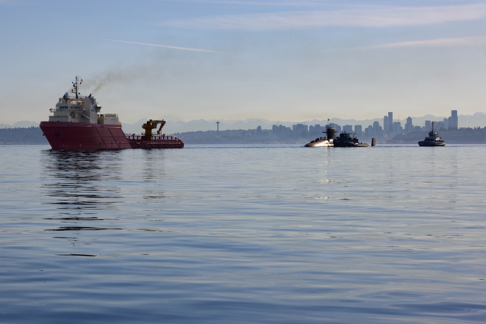 The former USS Sam Rayburn (SSBN 635), now MTS Rayburn, departs Seattle for the final time.
