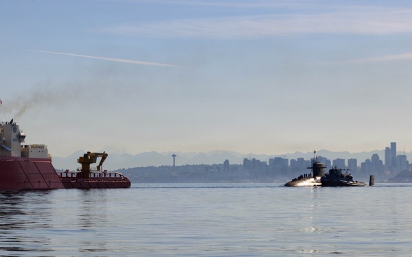 The former USS Sam Rayburn (SSBN 635), now MTS Rayburn, departs Seattle for the final time.