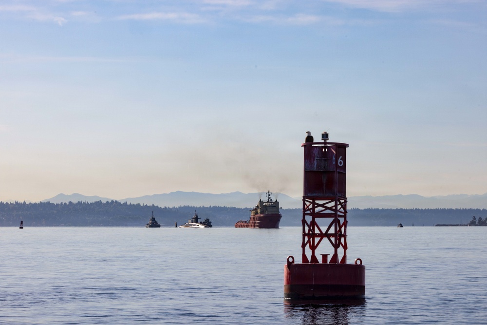 The former USS Sam Rayburn (SSBN 635), now MTS Rayburn, departs Seattle for the final time.