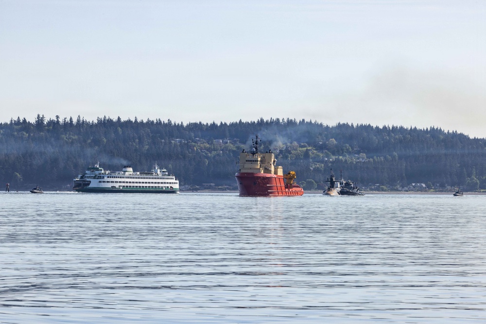 The former USS Sam Rayburn (SSBN 635), now MTS Rayburn, departs Seattle for the final time.