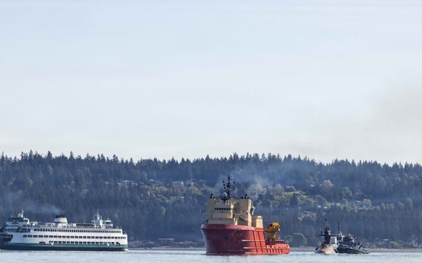 The former USS Sam Rayburn (SSBN 635), now MTS Rayburn, departs Seattle for the final time.