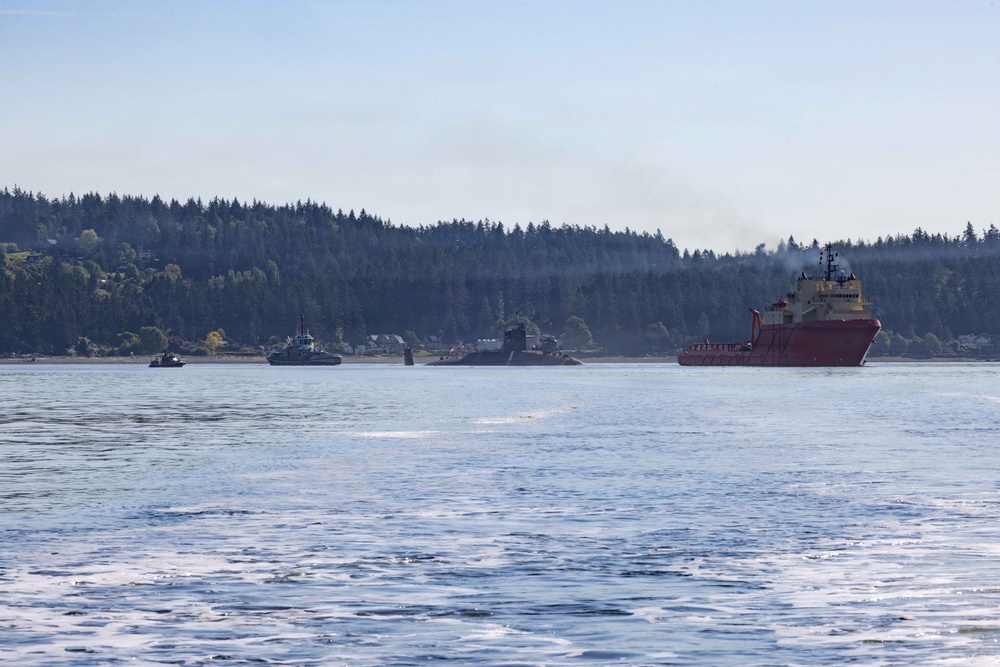 The former USS Sam Rayburn (SSBN 635), now MTS Rayburn, departs Seattle for the final time.