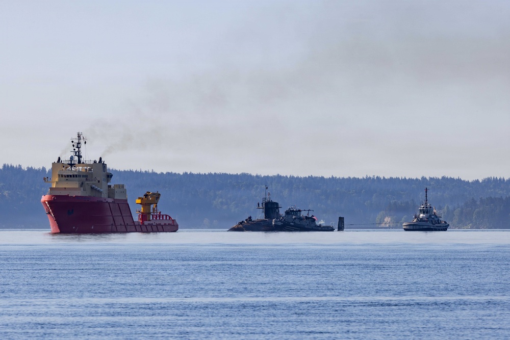 The former USS Sam Rayburn (SSBN 635), now MTS Rayburn, departs Seattle for the final time.