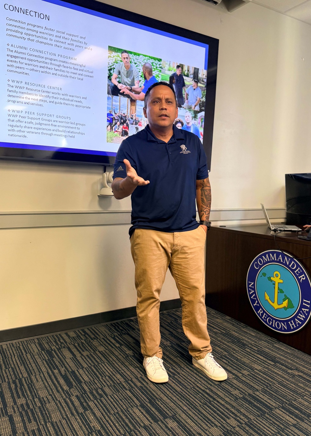 Phillip Billiot, an outreach specialist with the Wounded Warrior Project, briefs Sailors assigned to Commander Navy Region Hawaii on the program's mission to support service members throughout their recovery and return to duty or transition.