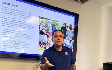 Phillip Billiot, an outreach specialist with the Wounded Warrior Project, briefs Sailors assigned to Commander Navy Region Hawaii on the program's mission to support service members throughout their recovery and return to duty or transition.