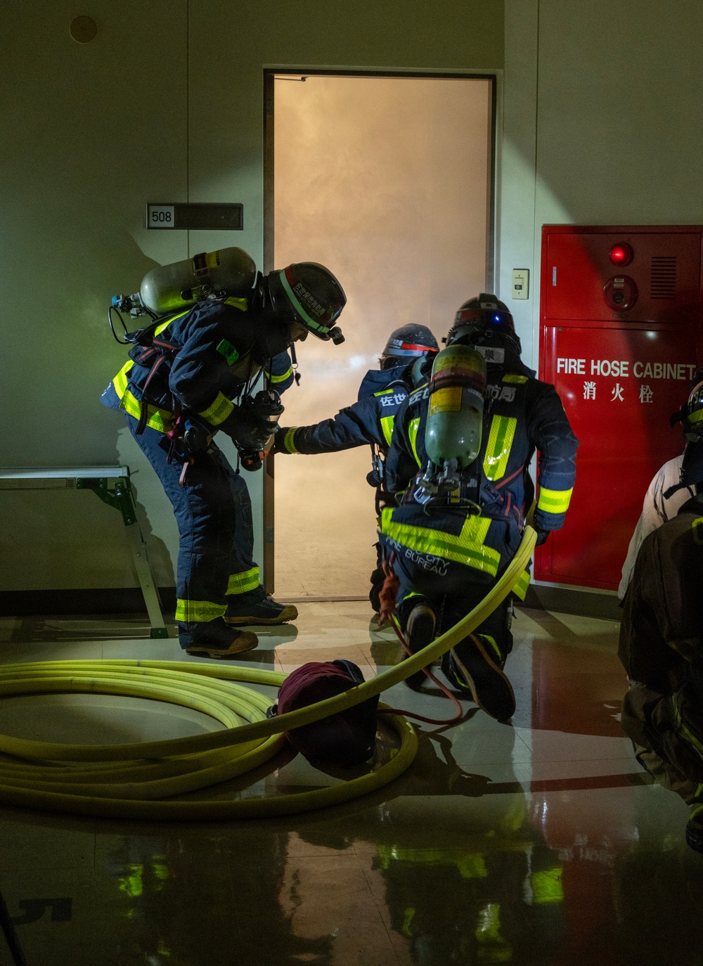 CFAS Fire and Emergency Services and Sasebo City Fire Bureau Firefighters Conduct Drill