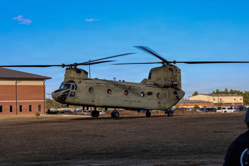 82nd Airborne CH-47 Chinook Lifts Off for a Combined Arms Field Exercise with SOF Civil Affairs