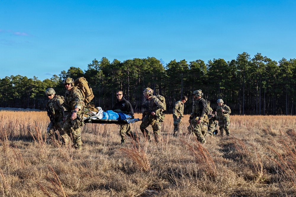 SOF Civil Affairs Soldiers Carry a Simulated Combat Casualty for Evacuation in a Recent Combined Arms Field Exercise with a 82nd Airborne CH-47 Chinook Crew