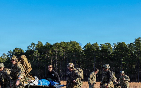 SOF Civil Affairs Soldiers Carry a Simulated Combat Casualty for Evacuation in a Recent Combined Arms Field Exercise with a 82nd Airborne CH-47 Chinook Crew