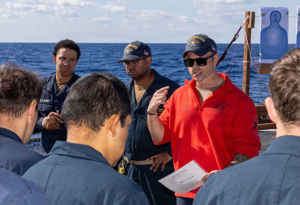 USS Milius (DDG 69) conducts small arms gun shoot