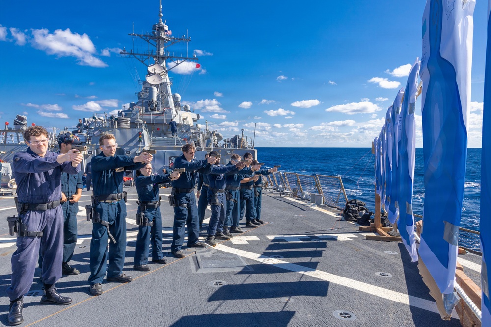 USS Milius (DDG 69) conducts small arms gun shoot