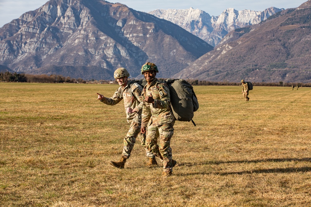 U.S. and Allied paratroopers conduct multinational holiday jump in Italy.