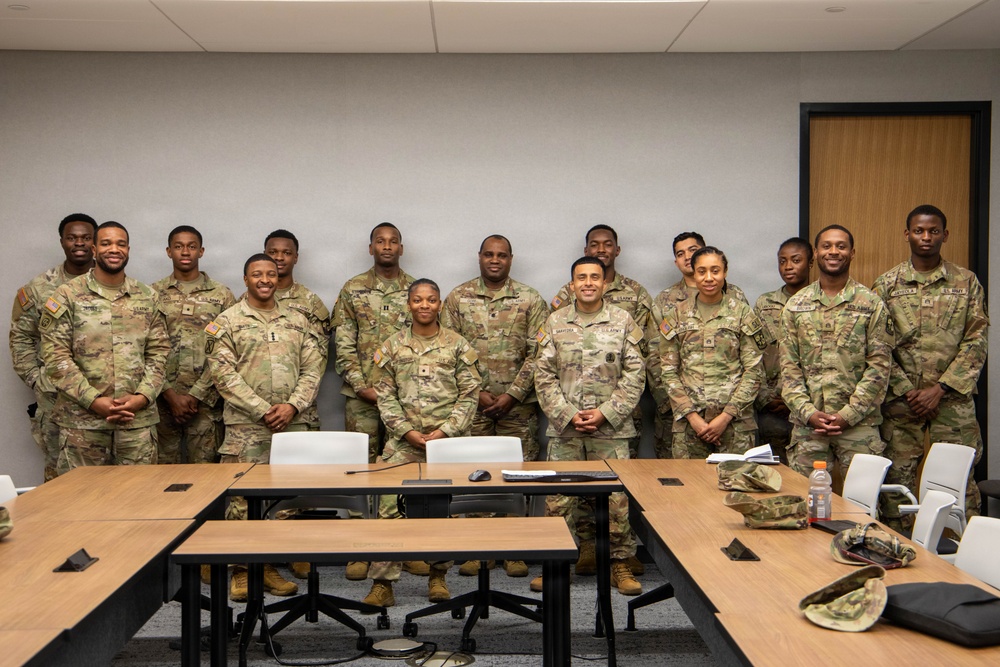 leaders give personal and professional advice to a group of Bowie State University Reserve Officer Training Corps cadets