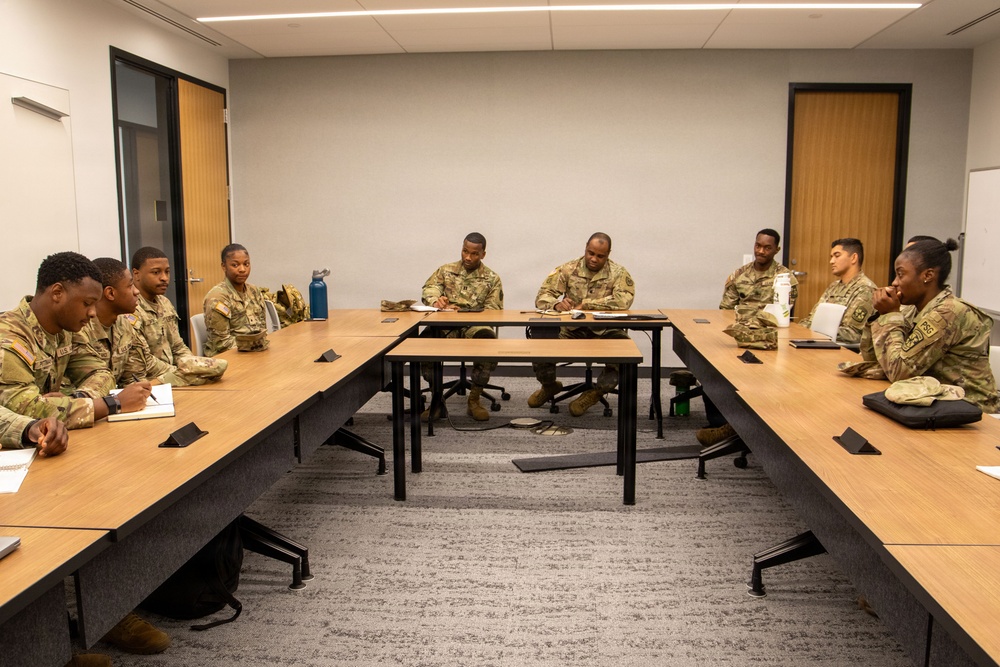 leaders give personal and professional advice to a group of Bowie State University Reserve Officer Training Corps cadets
