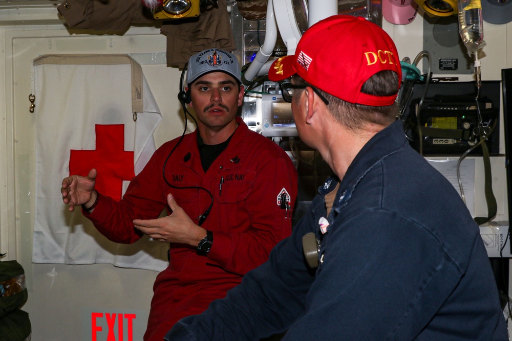 Frank E. Petersen Jr. conducts main space fire drill