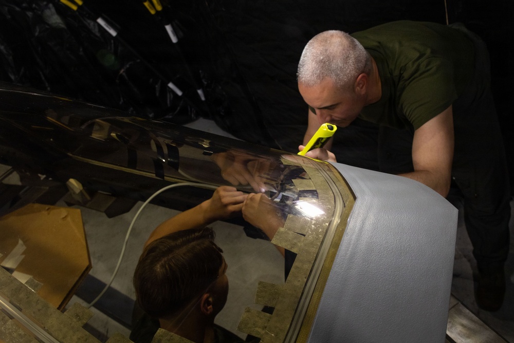 VMFA-225 Marines install Flexible Linear Shaped Charge on a new F-35 canopy