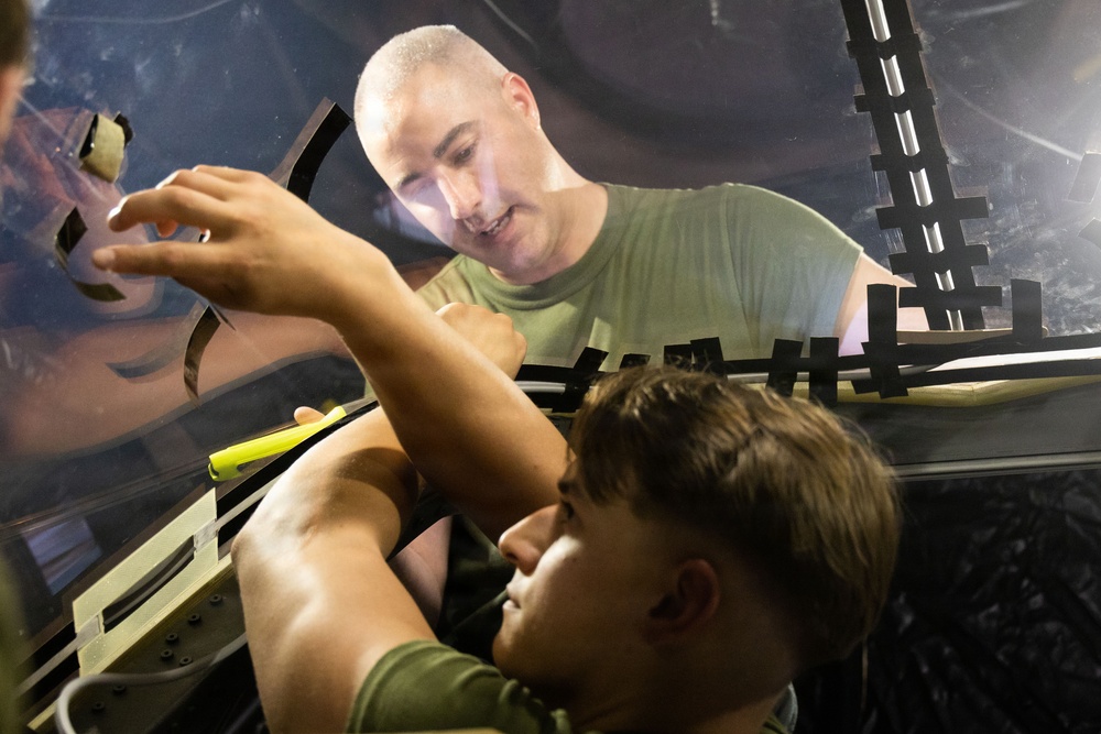 VMFA-225 Marines install Flexible Linear Shaped Charge on a new F-35 canopy