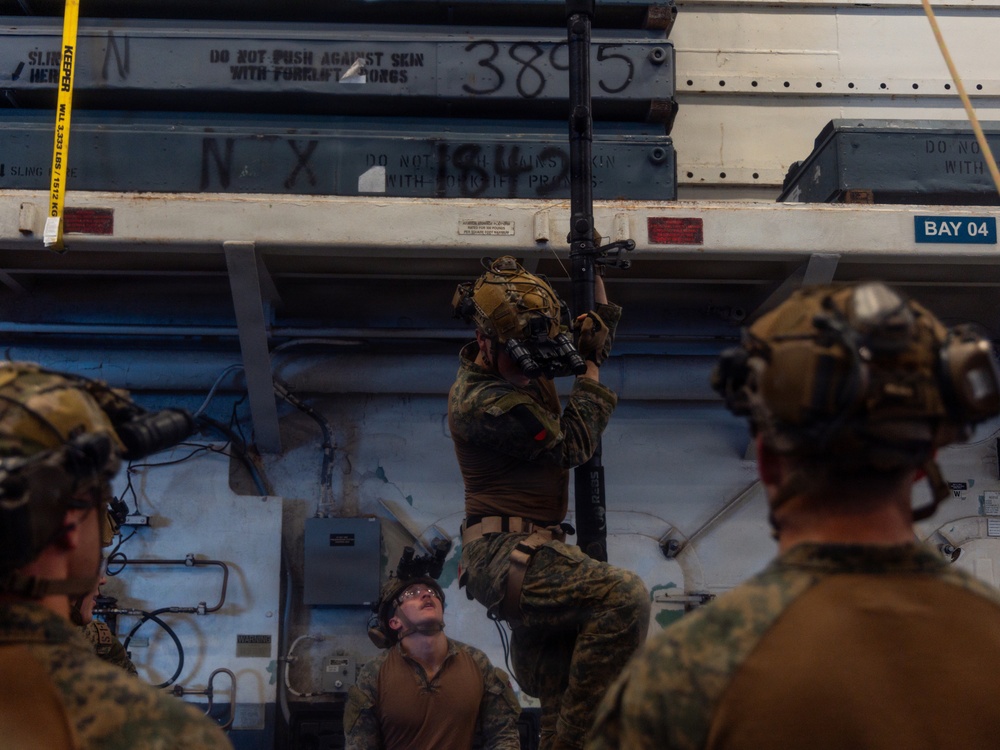 22nd MEU(SOC) | MSPF Conducts Hook and Climbing Training Aboard the USS Iwo Jima