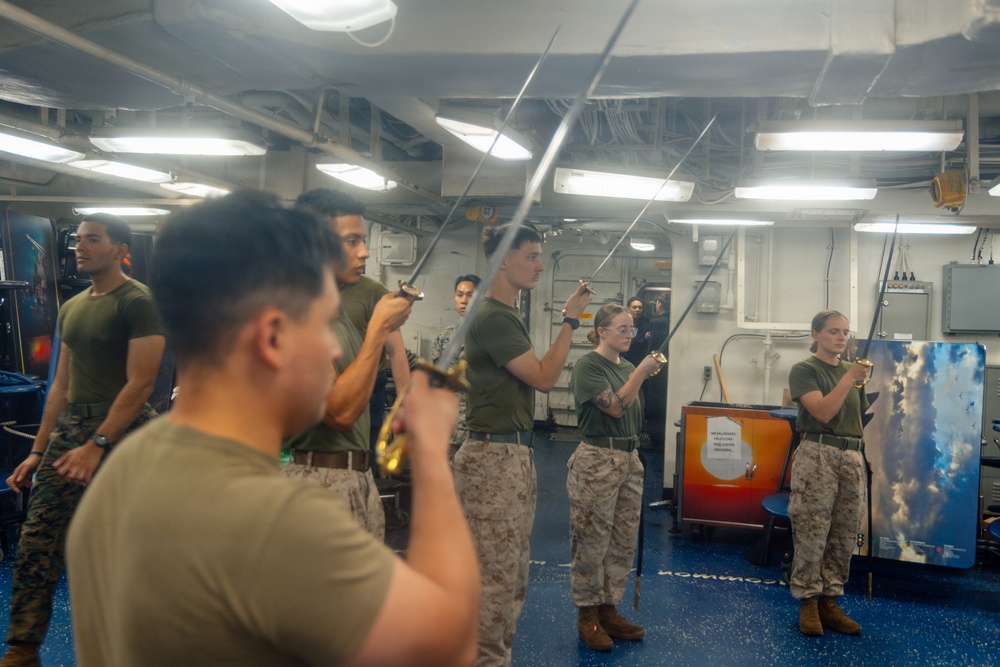 22nd MEU(SOC) | Corporals Course Sword and Guidon Drill Aboard USS Iwo Jima