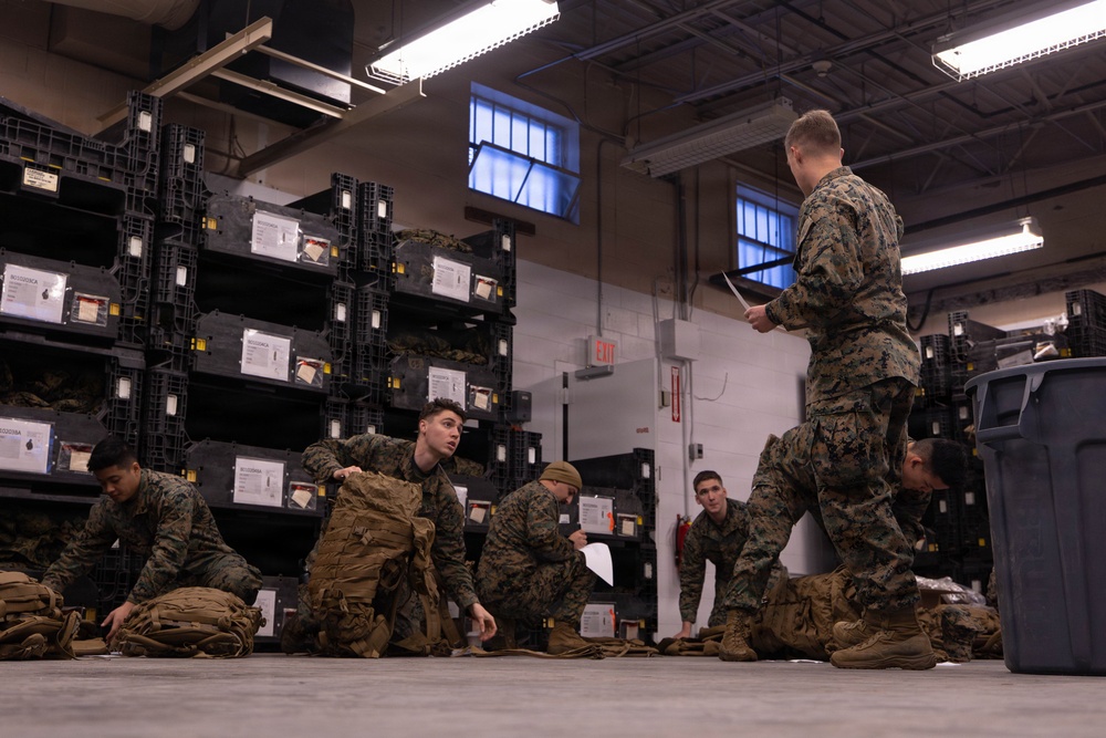 Reserve Marines with 25th Marine Regiment receive gear at Fort Devens