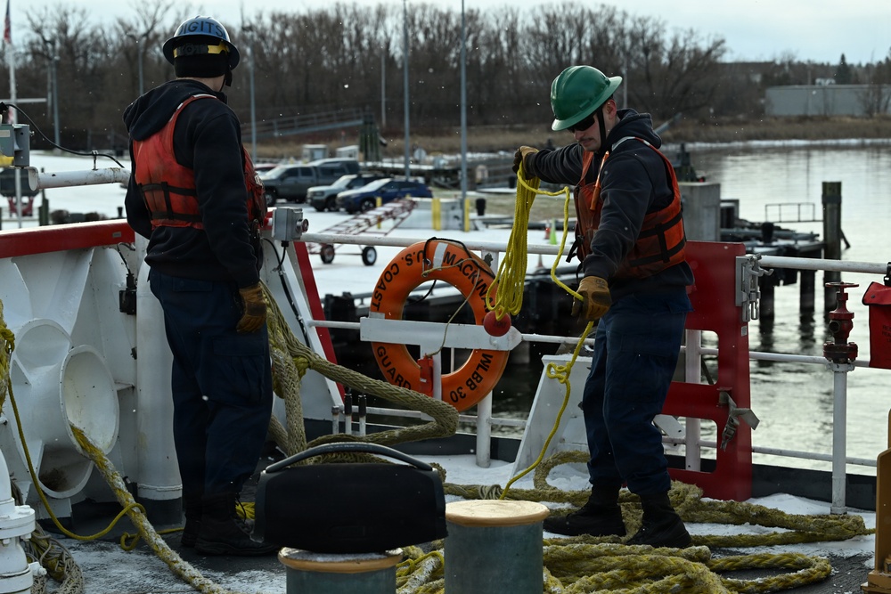 U.S. Coast Guard Cutter Mackinaw (WLBB 30) departs Cheboygan, Michigan