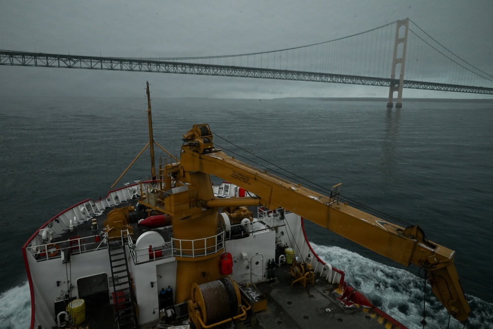 U.S. Coast Guard Cutter Mackinaw (WLBB 30) departs Cheboygan, Michigan