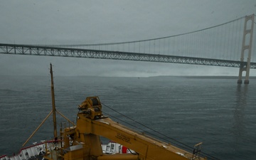 U.S. Coast Guard Cutter Mackinaw (WLBB 30) departs Cheboygan, Michigan