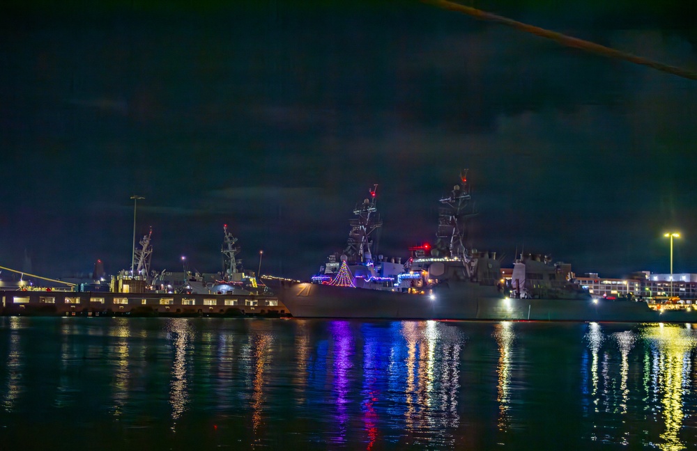 Ships Display Holiday Decorations on Naval Station Norfolk