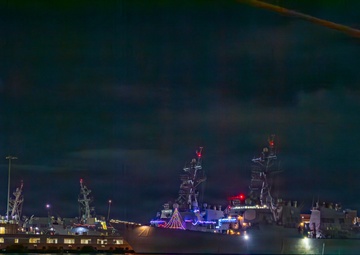 Ships Display Holiday Decorations on Naval Station Norfolk