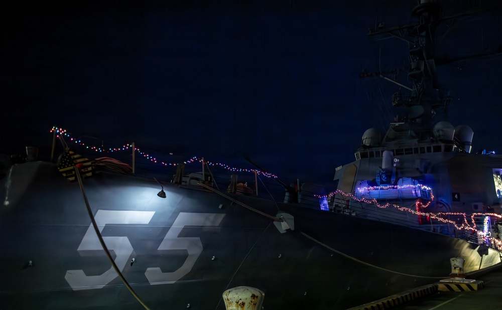 Ships Display Holiday Decorations on Naval Station Norfolk