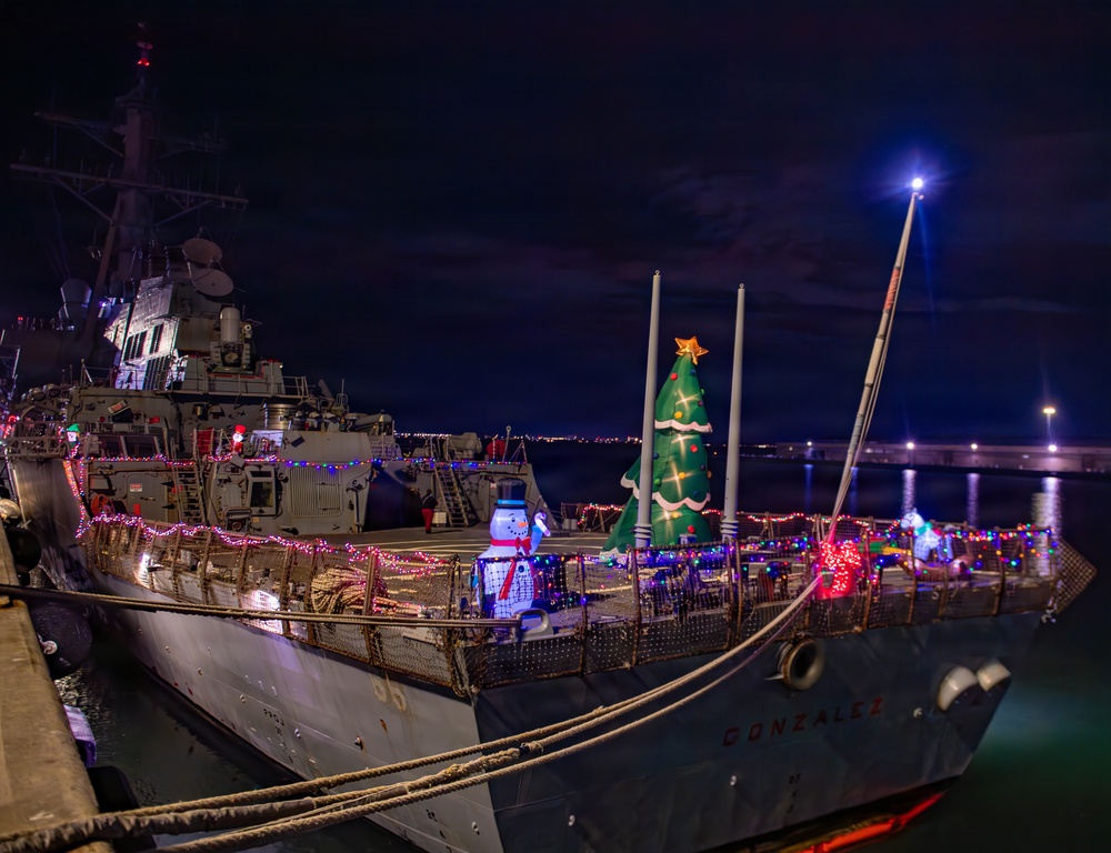 Ships Display Holiday Decorations on Naval Station Norfolk