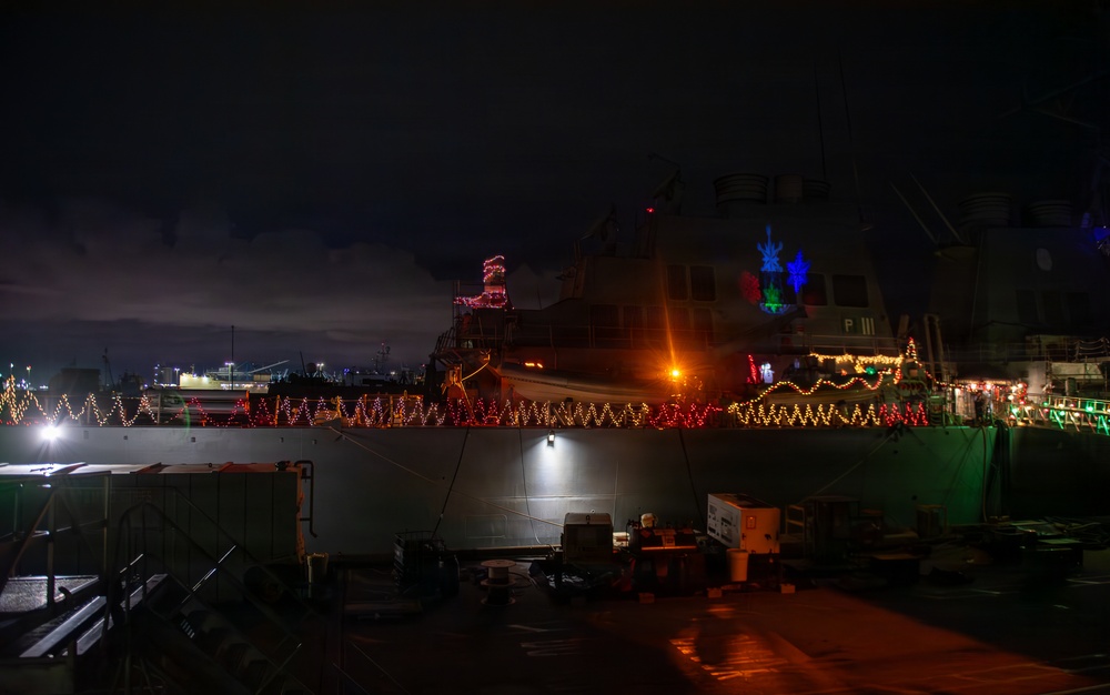 Ships Display Holiday Decorations on Naval Station Norfolk