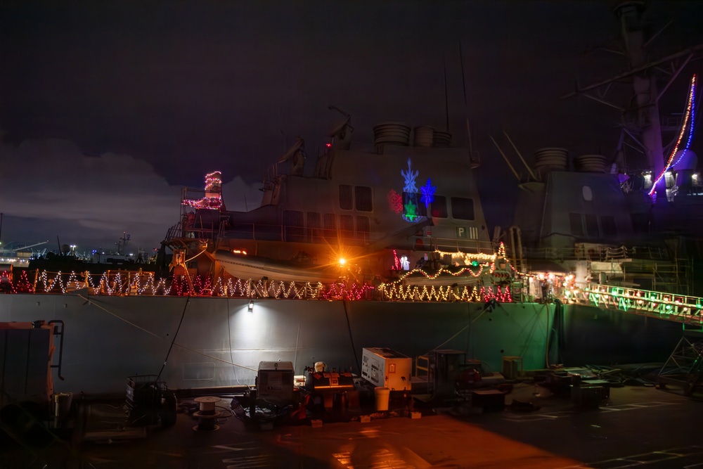 Ships Display Holiday Decorations on Naval Station Norfolk