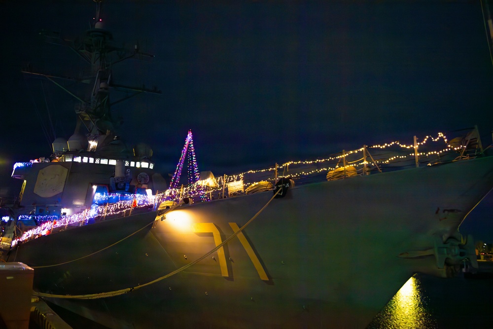 Ships Display Holiday Decorations on Naval Station Norfolk