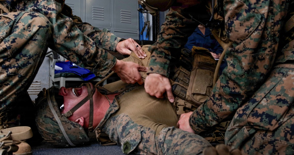 31st MEU | U.S. Navy Sailors conduct a Cherrypicker Drill aboard the USS Tripoli