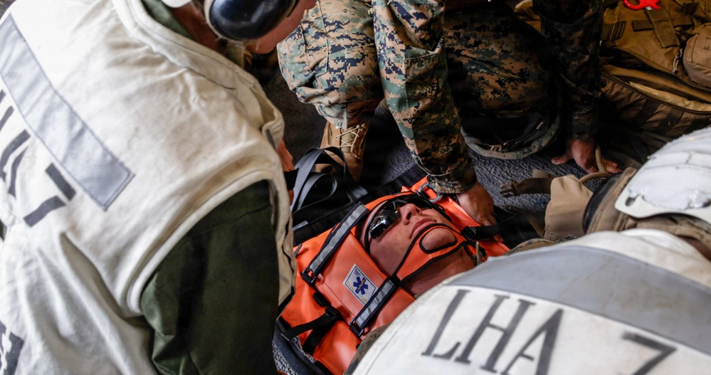 31st MEU | U.S. Navy Sailors conduct a Cherrypicker Drill aboard the USS Tripoli