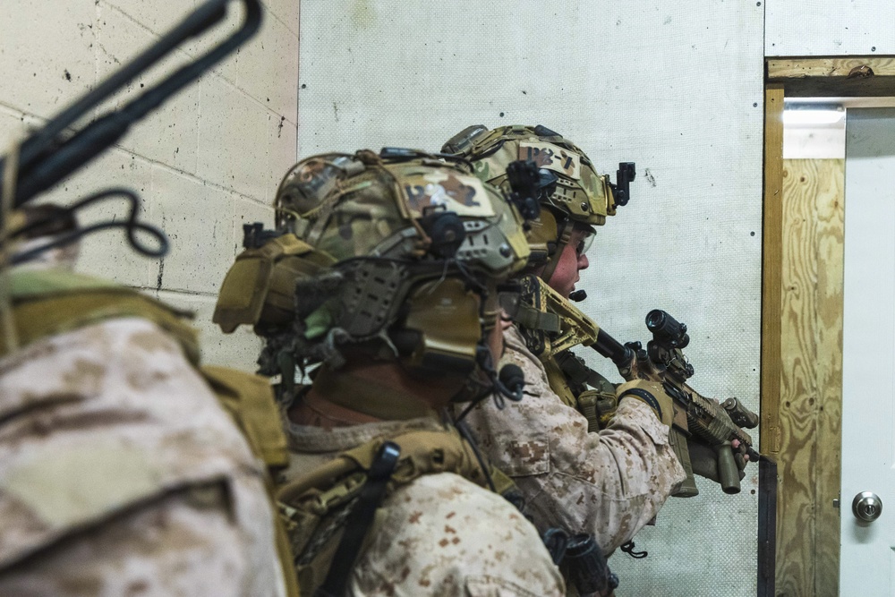 U.S Reconnaissance Marines with the 24th Marine Expeditionary Unit conduct room clearing drills as a part of Close Quarters Tactics training.