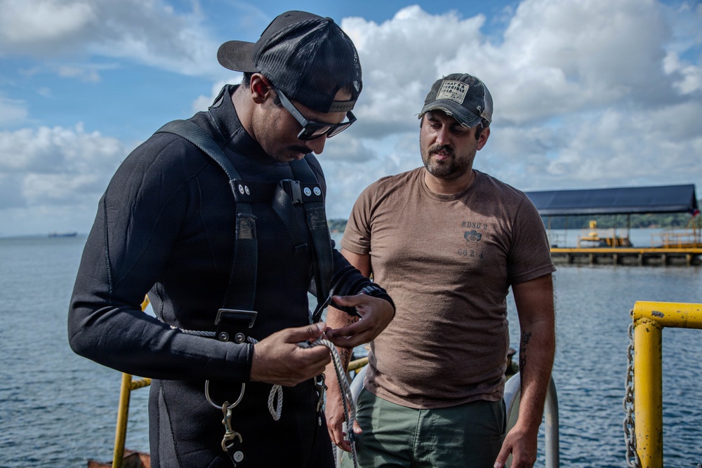 U.S. Navy and Panamanian services dive together during a Salvage Exercise