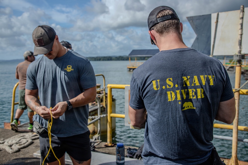 U.S. Navy and Panamanian services dive together during a Salvage Exercise