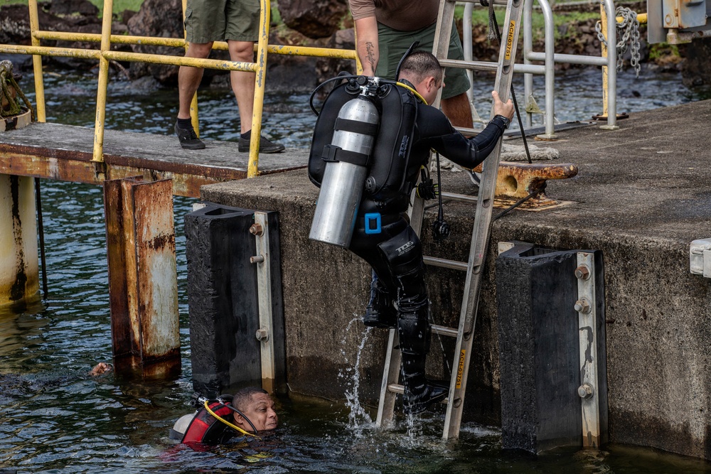 U.S. Navy and Panamanian services dive together during a Salvage Exercise
